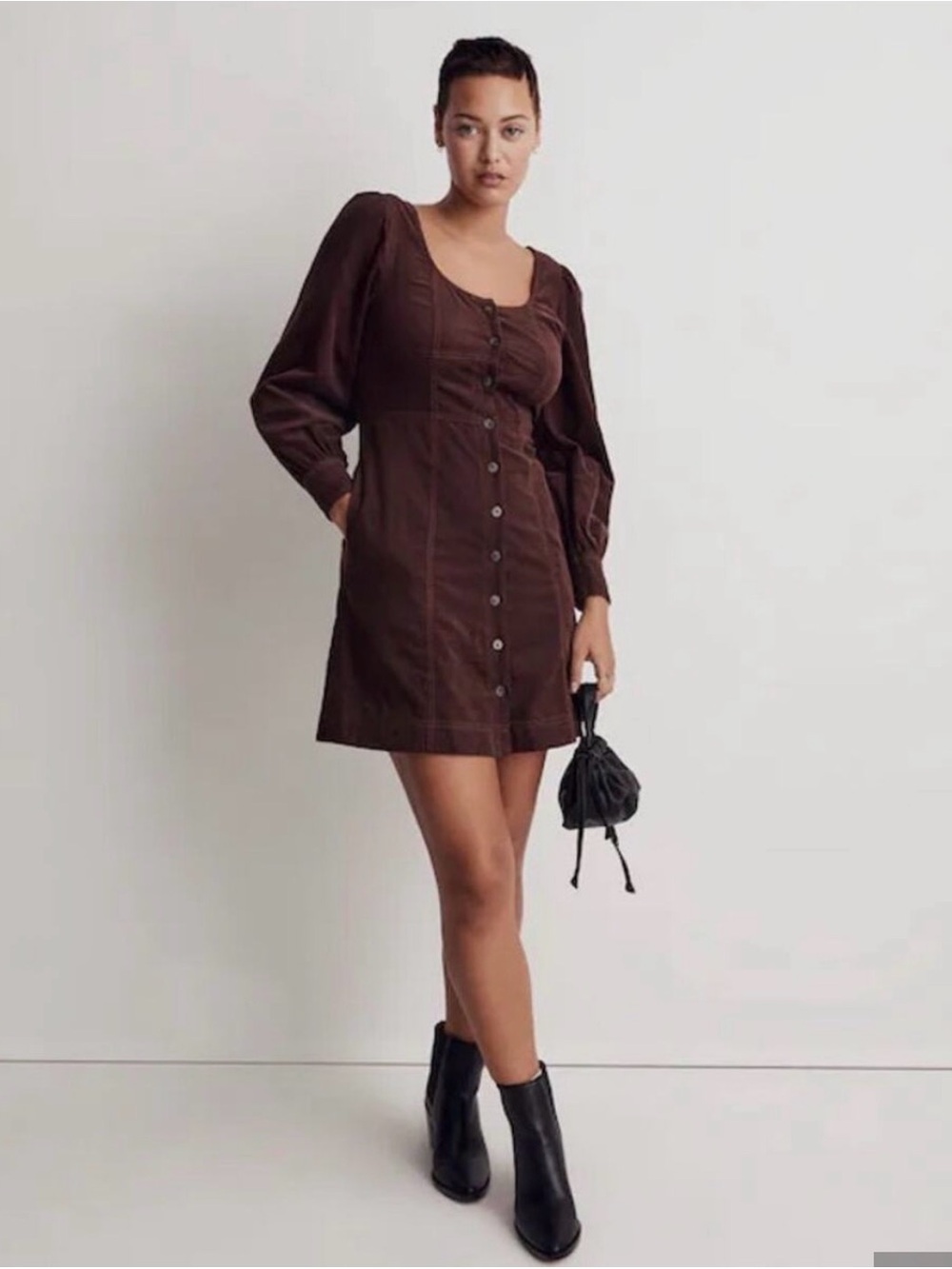 Madewell Brown Button-Front Mini Dress with Long Sleeves
